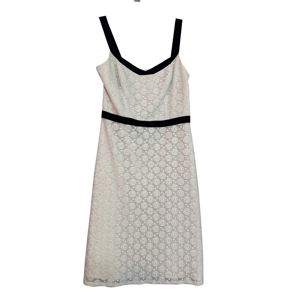 Ann Taylor Loft White Eyelet Lace Sheath Dress 6P Black Trim Contrast Petite